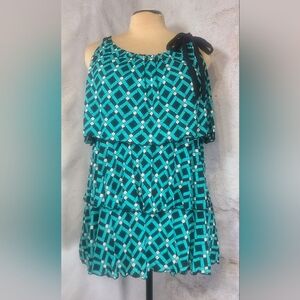 Style & Co 3 Tier Teal Black White Geometric Pattern Sleeveless Top XL, Stretch